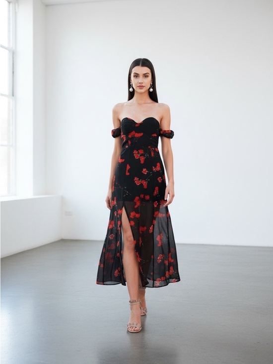 Dresses & Skirts - Off-Shoulder Black Dress with Red Floral Print
